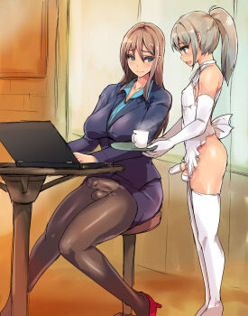 1boy 1futa apron blue_eyes brown_hair bulge computer crossdressing crossdressing_(mtf) elbow_gloves erection erection_under_clothes futanari gloves grey_hair high_heels highres laptop long_hair office open_mouth pantyhose penis ponytail shoes testicles thighhighs trap ubanis white_thighhighs