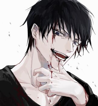 1boy :d absurdres black_eyes black_hair black_shirt bleeding blood blood_on_face blood_on_hands chinese_commentary collarbone fushiguro_touji hair_between_eyes hand_up highres injury jujutsu_kaisen long_sleeves looking_at_viewer male_focus nidexintu open_mouth scar scar_on_face shirt short_hair simple_background smile solo teeth upper_body white_background