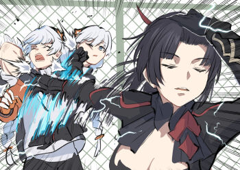 Rule 34 | 2girls, braid, breasts, chain-link fence, cleavage, closed eyes, electricity, fence, hashtag-only commentary, highres, honkai (series), honkai impact 3rd, jacket, jujutsu kaisen, kiana kaslana, kiana kaslana (white comet), long hair, meme, motion blur, multiple girls, naoya hitting choso without looking (meme), orange sleeves, punching, purple hair, raiden mei, raiden mei (crimson impulse), twin braids, white hair, white jacket, yumegiwa (skgl thx)