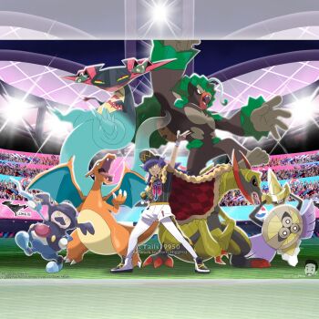 1boy aegislash arm_up artist_name black_sclera black_shirt black_shoes bright_pupils cane cape champion_uniform charizard checkered_cape checkered_clothes claws clenched_hand closed_mouth colored_sclera commentary company_name copyright_name copyright_notice crowd dragapult dragon dragon_wings dreepy dynamax_band english_commentary facial_hair fangs floating full_body full_nelson fur-trimmed_cape fur_trim gen_1_pokemon gen_5_pokemon gen_6_pokemon gen_8_pokemon gloves haxorus holding holding_cane holding_shield instagram_username leon_(pokemon) long_hair male_focus merchandise_available mismatched_facial_hair mr._rime mustache nintendo one-eyed open_mouth orange_eyes pants pants_under_shorts pokemon pokemon_(creature) pokemon_swsh purple_hair red_cape red_eyes rillaboom shield shirt shoes short_sleeves shorts single_glove smile stadium stadium_lights standing standing_on_one_leg tom_higgins tongue white_pants white_pupils white_shorts wings yellow_eyes