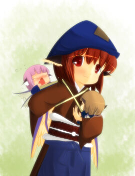 2000s_(style) 3girls apron baby blue_apron blue_headscarf blush brown_hair brown_kimono carrying carrying_baby carrying_person closed_mouth commentary_request cowboy_shot crying fang green_background headscarf highres japanese_clothes kimono looking_at_viewer mother_and_daughter multiple_girls mystia_lorelei nawo_(peace) obi okamisty open_mouth pink_hair red_eyes sash short_hair smile touhou