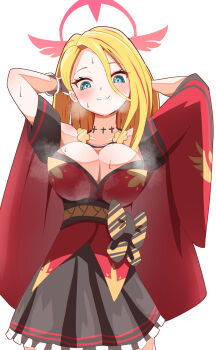 bare_arms blonde_hair blue_archive blue_eyes blush breasts cleavage commentary_request cowboy_shot hair_between_eyes halo highres japanese_clothes kimono kokonahizuru large_breasts long_hair looking_at_viewer looking_down pina_(blue_archive) red_halo red_kimono simple_background solo steam steaming_body sweat white_background winged_halo