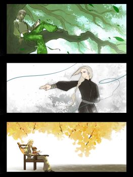 absurdres baby baggy_pants black_border black_hanfu black_shoes border braid character_request chinese_clothes chinese_commentary closed_mouth commentary_request expressionless flats gaiyonghunichengyicunzai404 ginkgo_leaf green_pants grey_eyes grey_hair grey_jacket grey_pants grey_shoes hair_over_shoulder hanfu high_collar highres holding holding_scroll jacket leaf long_hair long_sleeves luo_xiaohei_zhanji luye_(the_legend_of_luoxiaohei) male_focus mandarin_collar midriff multiple_views on_tree open_clothes open_jacket pants pointing puffy_long_sleeves puffy_sleeves reading scroll shirt shoes single_braid sitting sitting_on_lap sitting_on_person string the_legend_of_hei_2 very_long_hair white_shirt wind