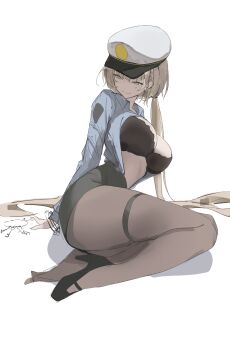 1girl absurdres arm_support black_bra black_pantyhose black_skirt blonde_hair blue_shirt bra breasts cleavage hair_between_eyes hat high-waist_skirt high_heels highres key laneigu large_breasts long_hair low_twintails lying mole mole_on_cheek on_side original pantyhose partially_open_shirt pencil_skirt police police_hat police_uniform shirt shirt_tucked_in simple_background sketch skirt solo thigh_strap twintails underwear very_long_hair white_background yellow_eyes yuzu_(laneigu)
