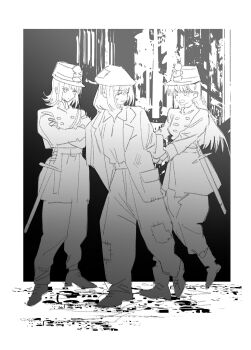 3girls bang_dream! bang_dream!_it's_mygo!!!!! boots closed_eyes closed_mouth coat collared_shirt commentary crossed_arms english_commentary greyscale hat highres jacket long_hair looking_at_another medium_hair misumi_uika monochrome multiple_girls open_mouth outdoors pants patchwork_clothes police police_uniform policewoman rain_(onepearblow) shiina_taki shirt standing sweatdrop sword weapon yahata_umiri