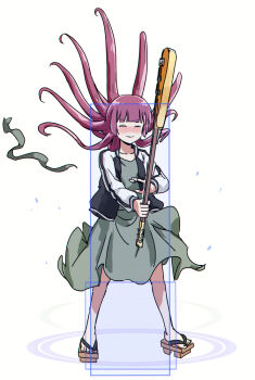 Rule 34 | 1girl, ^ ^, bass guitar, black jacket, black nails, blazblue, blunt bangs, blush, bocchi the rock!, closed eyes, closed mouth, collarbone, dress, fighting game, floating hair, full body, geta, green dress, guitar, hair down, hakumen, hiroi kikuri, hitbox, holding, holding bass guitar, holding guitar, holding instrument, instrument, jacket, legs apart, long hair, long sleeves, medium dress, multicolored jacket, nail polish, nose blush, open clothes, open jacket, pink hair, simple background, smile, solo, standing, toenail polish, toenails, torako (toramaru), twitter username, two-tone jacket, watermark, white background, white jacket, yamaha trb