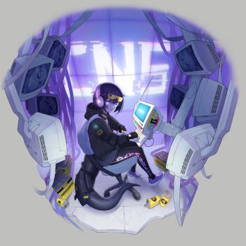 1girl absurdres antennae black_gloves black_hair black_hoodie black_pantyhose black_tail can chair clothes_writing commentary computer computer_keyboard crt drink_can elbow_pads energy_drink english_commentary facial_mark fang fingerless_gloves from_above glitch gloves glowing glowing_eyes grey_background grey_skirt headphones highres hood hood_down hoodie jerry_wang long_sleeves looking_at_viewer melanina_(jerry_wang) monitor monster_girl multiple_monitors office office_chair open_mouth original pants pantyhose patch plaid_clothes plaid_skirt power_bank purple_eyes purple_shoes scales scanlines shoes simple_background skin_fang skirt slit_pupils sneakers solo sticky_note sunglasses swivel_chair tail tail_pouch tail_strap test_card tinted_eyewear track_pants unworn_eyewear wire yellow-tinted_eyewear