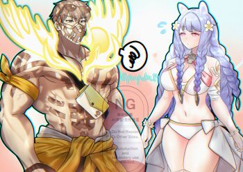 1boy 1girl absurdres bikini blue_hair braid breasts brother_and_sister brown_hair cleavage eikthyrnir_(fire_emblem) eikthyrnir_(summer)_(fire_emblem) eyewear_on_head fire_emblem fire_emblem_heroes flying_sweatdrops hair_between_eyes heidrun_(fire_emblem) heidrun_(summer)_(fire_emblem) highres holding holding_swim_ring innertube large_breasts large_pectorals long_hair looking_at_another mask mouth_mask muscular muscular_male navel nintendo official_alternate_costume pectorals ponpoko89 red_eyes short_hair siblings spoken_squiggle squiggle sunglasses swim_ring swimsuit twitter_username very_long_hair white_bikini