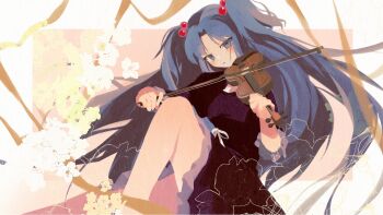 1girl black_dress blue_eyes blue_hair blush clannad commentary dress hair_bobbles hair_ornament highres holding holding_instrument holding_violin ichinose_kotomi instrument kuronco long_hair playing_violin solo two_side_up untranslatable_commentary very_long_hair violin