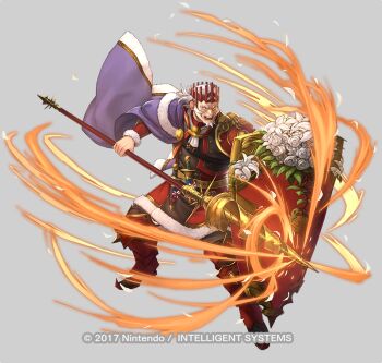 Rule 34 | 1boy, armor, armored boots, aura, beard, belt, boots, cape, copyright notice, crown, dagger, facial hair, fire emblem, fire emblem echoes: shadows of valentia, fire emblem heroes, flower, full body, fur trim, grey background, knife, lance, leaf, long hair, male focus, miyamoto satoru, nintendo, official art, open mouth, petals, polearm, rose, rudolf (fire emblem), rudolf (valentine) (fire emblem), shield, solo, teeth, weapon, white hair