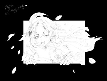 1girl ;o absurdres bare_shoulders beret breasts character_name chinese_commentary cleavage commentary_request dress elf elysia_(hi_love_elf)_(honkai_impact) elysia_(honkai_impact) falling_petals greyscale happy_birthday hat highres honkai_(series) honkai_impact_3rd large_breasts long_hair monochrome one_eye_closed petals pointy_ears smile solo toinkway very_long_hair