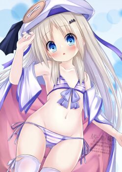 Rule 34 | 1girl, bat hair ornament, bikini, blonde hair, blue eyes, blue sky, cape, cloud, flat chest, front-tie bikini top, front-tie top, gluteal fold, hair ornament, hat, highres, kud wafter, kudpoid (71139), large buttons, little busters!, long hair, noumi kudryavka, side-tie bikini bottom, sky, solo, striped bikini, striped clothes, swimsuit, thigh gap, thighhighs, watermark, white cape, white hat, white thighhighs