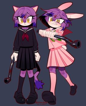 1girl absurdres animal_ears artist_name black_background black_serafuku black_shoes black_skirt black_socks blaze_the_cat cat_ears cat_girl cat_tail cosplay dated forehead_jewel furry furry_female gloves green_neckerchief highres holding holding_lead_pipe lead_pipe multiple_views neckerchief pink_serafuku pink_skirt pink_socks pleated_skirt purple_fur red_neckerchief school_uniform serafuku shimizu_hinako shimizu_hinako_(cosplay) shimizu_hinako_(pink_rabbit_costume) shoes silent_hill_(series) silent_hill_f simple_background skirt socks sonic_(series) tail usheriiu white_gloves yellow_eyes