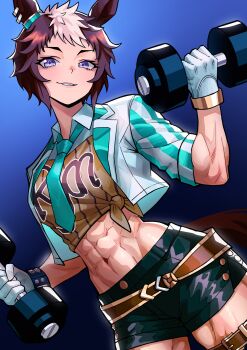 1girl abs absurdres animal_ears bicep_curl black_shorts blush bracelet breasts brown_hair brown_shirt chococonisky cropped_jacket dumbbell exercising gloves green_necktie highres holding holding_dumbbell horse_ears horse_girl horse_tail jacket jewelry looking_at_viewer mejiro_ryan_(down_the_line)_(umamusume) mejiro_ryan_(umamusume) midriff multicolored_hair muscular muscular_female navel necktie parted_lips shirt shirt_under_shirt short_hair shorts smile solo striped_clothes striped_jacket studded_bracelet tail teeth tied_shirt two-tone_hair umamusume vertical-striped_clothes vertical-striped_jacket weightlifting weights white_gloves white_hair