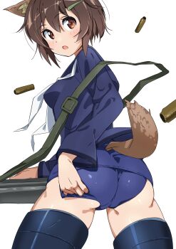 1girl animal_ear_fluff animal_ears ass blue_one-piece_swimsuit blue_sailor_collar blue_shirt blue_thighhighs brave_witches brown_eyes brown_hair commentary_request dog_ears dog_tail from_behind furuyama_itaru gun highres karibuchi_hikari looking_at_viewer looking_back one-piece_swimsuit sailor_collar sailor_shirt school_swimsuit shell_casing shirt short_hair simple_background solo striker_unit swimsuit tail thighhighs weapon white_background world_witches_series