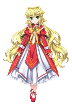 1girl blonde_hair bow choker dress emit frills full_body game_cg green_eyes hair_bow hair_intakes hair_ribbon half_updo higuchi_isami jewelry large_variant_set leg_ribbon long_hair long_sleeves looking_at_viewer mahou_shoujo_sae non-web_source official_art ribbon shoes smile solo standing tachi-e transparent_background variant_set very_long_hair yellow_bow