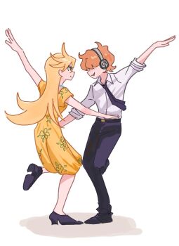 Rule 34 | 1boy, 1girl, blonde hair, brief (psg), couple, dancing, dress, floral dress, freckles, hair over eyes, headphones, jewelry, la la land, necklace, necktie, panty &amp; stocking with garterbelt, panty (psg), pearl necklace, shirt, wpous121, yellow dress