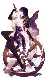 1girl absurdres alternate_costume alternate_universe arm_up armor asymmetrical_sleeves black_background black_thighhighs blunt_bangs bow braid breasts bridal_gauntlets brill_p card card_(medium) christianity cleavage closed_mouth crescent cross electricity electro_symbol_(genshin_impact) floating from_side full_body genshin_impact glowing glowing_sword glowing_weapon highres holding holding_sword holding_weapon japanese_clothes katana kimono korean_commentary latin_cross long_braid long_hair looking_at_viewer looking_to_the_side mitsudomoe_(shape) moon multicolored_hair neck_ribbon off_shoulder pink_lips purple_bow purple_eyes purple_kimono purple_nails raiden_shogun red_sash ribbon sash shade shoulder_armor single_braid soles solo steering_wheel streaked_hair sun_symbol sword thighhighs toes tomoe_(symbol) uneven_sleeves weapon wheel white_background wide_sleeves