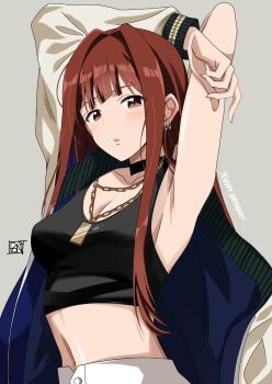 Rule 34 | 1girl, arms up, black choker, black tank top, breasts, brown eyes, brown hair, choker, cleavage, commentary request, earrings, grey background, hair intakes, happy birthday, highres, idolmaster, idolmaster million live!, idolmaster million live! theater days, jacket, jewelry, letterman jacket, long hair, long sleeves, looking at viewer, midriff, navel, necklace, official alternate costume, open clothes, open jacket, parted lips, ponpon, simple background, solo, straight hair, sukajan gyarus (idolmaster), tanaka kotoha, tank top, upper body