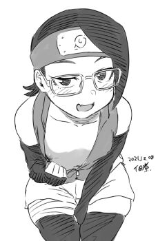 1girl arm_between_legs blush boruto:_naruto_next_generations breasts clothes_pull collarbone dated downblouse fang glasses greyscale headband loli looking_at_viewer monochrome naruto_(series) nipples open_mouth seductive_smile shirt_pull short_hair shorts signature simple_background sketch skin_fang skindentation small_breasts smile solo thighhighs tsukudani_(coke-buta) uchiha_sarada white_background