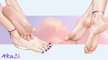 1girl 2girls anklet barefoot barefoot_sandals_(jewelry) close-up feet foot_focus greek_toe highres jewelry liang_mu multiple_girls nail_polish purple_nails soles sweat toe_ring toenail_polish toenails toes wet