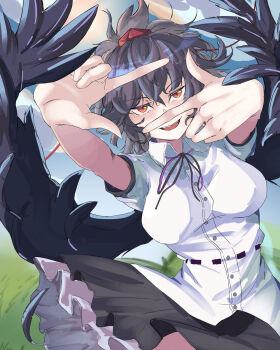 1girl black_hair black_skirt black_wings blue_sky breasts cloud collared_shirt commentary_request feathers frills hat highres kanaria_(bcomn) looking_at_viewer medium_breasts medium_hair parted_lips red_eyes shameimaru_aya shirt short_sleeves skirt sky smile solo teeth tokin_hat touhou upper_teeth_only white_shirt wings