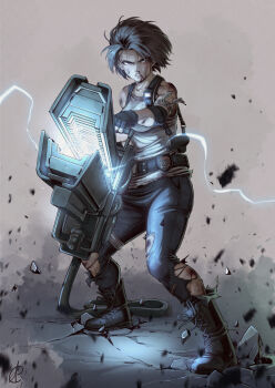 1girl benoit_picard black_gloves blood blood_on_face blue_electricity blue_pants brown_hair cannon electricity energy ferromagnetic_infantry-use_next_generation_railgun fingerless_gloves gloves grey_background highres jill_valentine magnetic_weapon pants parted_lips railgun remake resident_evil resident_evil_3:_nemesis resident_evil_3_(remake) shirt short_hair signature simple_background torn_clothes