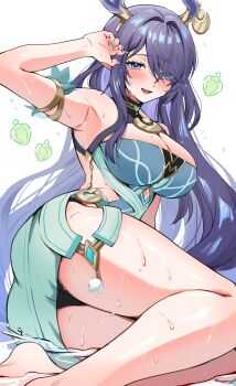 1girl antlers arm_up armpits bare_legs bare_shoulders blue_dress blue_eyes breasts cleavage clothing_cutout deer_antlers dress enipa_28 eyes_visible_through_hair genshin_impact grey_hair hair_over_one_eye highres horns large_breasts lauma_(genshin_impact) long_hair looking_at_viewer open_mouth side_cutout sitting sleeveless sleeveless_dress smile solo thighs very_long_hair yokozuwari