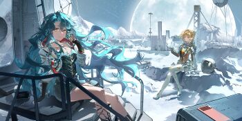 Rule 34 | 2girls, absurdres, arm support, astronaut, blonde hair, blue eyes, blue hair, boots, braid, braided bangs, dress, fang, fang out, floating hair, full moon, green eyes, grey boots, grey dress, hair bun, hand up, helmet, highres, hissabeth, huge moon, jacket, kiperina, long hair, looking at hand, moon, mountain, multiple girls, night, on rock, on stairs, outdoors, pencil dress, reverse:1999, short dress, sitting, sleeveless, sleeveless dress, smile, snake, snake on head, space helmet, spacesuit, unworn headwear, unworn helmet, very long hair, white jacket, wide shot, wuyue (wuyueyueyueyue)