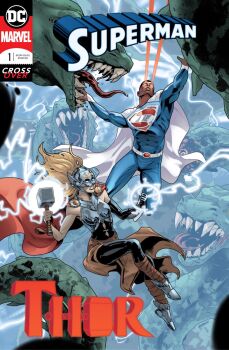 1boy 1girl armor black_leggings blonde_hair breastplate cape character_name clenched_teeth clothing_cutout comic_cover commentary copyright_logo copyright_name covered_abs crossover dark-skinned_male dark_skin dc_comics dinosaur electricity electrokinesis english_commentary english_text eye_beam fighting flying hammer helmet highres holding holding_hammer holding_weapon jane_foster leggings logo long_hair marvel mjolnir_(marvel) muscular muscular_male red_cape sharp_teeth stomach_cutout superhero_costume superman superman_(series) superman_logo teeth thor_(jane_foster) thor_(marvel)_(series) val-zod vasco_georgiev weapon western_comics_(style) white_cape