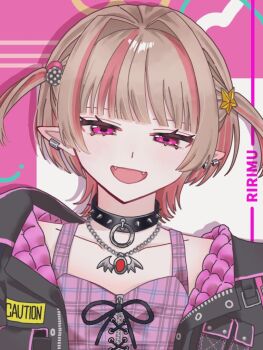 1girl 8_uno_onu_8 :d black_collar black_jacket blunt_bangs blush caution chain chain_necklace character_name collar collarbone colored_inner_hair crop_top cross-laced_clothes cross-laced_top drop_shadow ear_cuffs fangs grey_hair hair_bobbles hair_intakes hair_ornament jacket jewelry looking_at_viewer makaino_ririmu makaino_ririmu_(6th_costume) multicolored_hair necklace nijisanji no_headwear o-ring_collar open_clothes open_jacket open_mouth pendant pink_hair pink_jacket pink_streaks plaid_clothes pointy_ears portrait red_eyes short_hair smile solo spiked_collar spikes star_(symbol) star_hair_ornament streaked_hair two-sided_fabric two-sided_jacket two-tone_hair two_side_up unbuttoned unzipped virtual_youtuber wolf_cut zipper_top