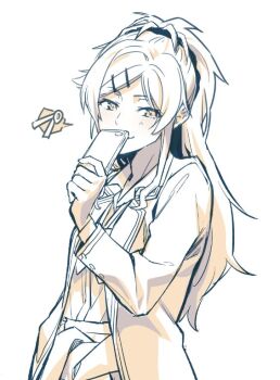 1girl cellphone coat commentary_request covering_own_mouth hair_intakes hair_ornament hairpin holding holding_phone limited_palette nanao_itsuki original phone ponytail smartphone smile solo upper_body