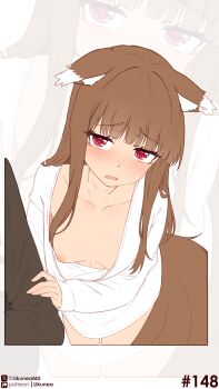 1boy 1girl absurdres animal_ear_fluff animal_ears blunt_bangs blush breasts brown_hair collarbone commentary craft_lawrence english_commentary fang highres holding_another&#039;s_arm holo likunea long_hair long_sleeves looking_at_viewer medium_breasts nipple_slip nipples one_breast_out open_mouth patreon_logo patreon_username red_eyes shirt solo_focus spice_and_wolf tail thighs twitter_username twitter_x_logo white_shirt wolf_ears wolf_girl wolf_tail zoom_layer