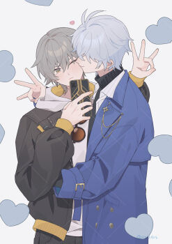 2boys antenna_hair black_jacket black_pants black_sweater blue_coat blush caelus_(honkai:_star_rail) caelus_(world_tour_2023)_(honkai:_star_rail) cellphone closed_eyes closed_mouth coat collared_shirt earrings grey_hair hand_up heart highres holding holding_phone honkai:_star_rail honkai_(series) hood hood_down hoodie hug jacket jewelry kiss kissing_cheek long_sleeves male_focus multiple_boys one_eye_closed pants phainon_(honkai:_star_rail) phainon_(luckin_coffee)_(honkai:_star_rail) phone selfie shirt short_hair simple_background smartphone sunglasses sweater trailblazer_(honkai:_star_rail) turtleneck turtleneck_sweater twitter_username unworn_eyewear w watermark watermark_grid white_background white_hair white_hoodie white_shirt xwd4rk yaoi yellow_eyes