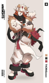 1boy arknights bara chinese_clothes crossed_arms furry furry_male gloves highres horns hung_(arknights) ibara_dance looking_at_viewer male_focus mythological_creature pants shirt single_horn sleeveless sleeveless_shirt smile solo white_gloves white_pants white_shirt
