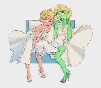 2girls alien blonde_hair colored_skin cosplay d&#039;vana_tendi dress earrings green_skin high_heels highres jewelry long_hair marilyn_monroe marilyn_monroe_(cosplay) mole mole_under_eye multiple_girls orion_(star_trek) pointy_ears red_lips sleeveless sleeveless_dress solidus_(sword_cube) sphere_earrings star_trek star_trek:_lower_decks t&#039;lyn white_dress white_footwear