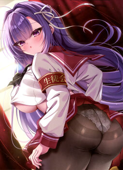 1girl :o absurdres ahoge akatsuki_(aktk511) armband ass black_pantyhose blush breasts clothes_lift curtains hair_intakes hair_ribbon highres indoors large_breasts long_hair looking_at_viewer no_bra non-web_source original panties panties_under_pantyhose pantyhose pleated_skirt purple_eyes purple_hair red_skirt ribbon school_uniform shirt shirt_lift sideboob sidelocks skirt skirt_lift solo underboob underwear upper_body white_panties white_ribbon white_shirt window