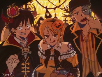 Rule 34 | 1girl, 2boys, :q, alternate costume, bare shoulders, basket, bat (animal), black bow, black bowtie, black cape, black hair, black jacket, bow, bowtie, brown eyes, cape, closed mouth, coat, collared shirt, commentary, crown, demon horns, detached collar, dress, earrings, facial scar, food-themed hair ornament, gold earrings, graveyard, green hair, grin, hair ornament, halloween, halloween bucket, halloween costume, hat, highres, holding, holding basket, horns, jacket, jewelry, looking at viewer, mini crown, monkey d. luffy, multiple boys, nami (one piece), off-shoulder dress, off shoulder, one piece, only op2024, open clothes, open jacket, orange dress, orange hair, orange shirt, pearl earrings, pumpkin hair ornament, red coat, roronoa zoro, scar, scar on cheek, scar on face, shirt, short hair, shoulder tattoo, signature, smile, straw hat, straw hat pirates, tattoo, tongue, tongue out, trick or treat, unworn hat, unworn headwear, upper body, white shirt