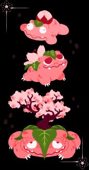 black_background bulbasaur cherry_blossoms chocolatechipkraken claws commentary english_commentary evolutionary_line fakemon fangs gen_1_pokemon highres ivysaur nintendo no_humans nostrils pokemon pokemon_(creature) sharp_teeth simple_background small_pupils teeth tree venusaur wavy_mouth