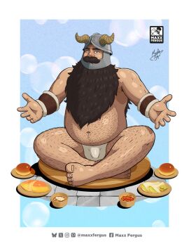 1boy bara beard belly bread brown_hair bulge crossed_legs dungeon_meshi dwarf facial_hair fake_horns fat fat_man food full_body hairy helmet highres horned_helmet horns loincloth long_beard looking_at_viewer male_focus maxxfergus merchandise_available muscular muscular_male mustache offering_hand senshi_(dungeon_meshi) sitting solo sparse_chest_hair sparse_navel_hair thick_arm_hair thick_eyebrows thick_mustache thick_navel_hair topless_male very_hairy very_long_beard
