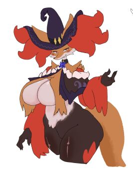 1girl absurdres blush breasts capelet choker cleavage cropped_legs delphox furry furry_female gen_6_pokemon hat highres large_breasts looking_at_viewer nintendo pokemon red_eyes smile solo thick_thighs thighs white_background wide_hips witch_hat worm___1