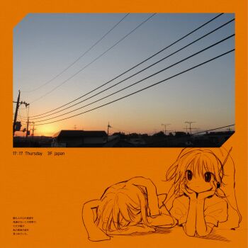 2girls animal_ears closed_eyes closed_mouth evening hat head_rest headset highres house jester_cap multiple_girls orange_background original outdoors pepeppepe101 photo_inset power_lines puffy_short_sleeves puffy_sleeves rabbit_ears short_sleeves sleeping sunset translation_request