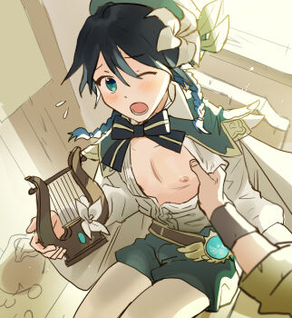 1boy 1other androgynous bad_id bad_pixiv_id beret black_hair blue_hair blush bow braid cape collared_cape flower genshin_impact gradient_hair green_eyes green_headwear green_shorts hair_flower hair_ornament hat highres holding holding_instrument instrument itsme_takk leaf long_sleeves looking_at_viewer lyre male_focus multicolored_hair nipples one_eye_closed open_mouth pantyhose pectorals shirt short_hair_with_long_locks shorts shota sitting solo_focus sweat twin_braids venti_(genshin_impact) vision_(genshin_impact) white_flower white_pantyhose white_shirt
