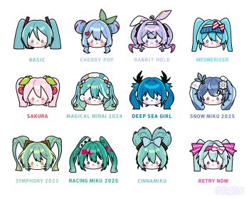 1girl animal_ear_hairband animal_ears blue_eyes blue_hair blush_stickers bow bow_hairband character_name cherry_hair_ornament cherry_pop_(vocaloid) chibi chibi_only cinnamiku commentary crystal_hair_ornament double_bun english_text fake_animal_ears food-themed_hair_ornament gramophone_miku green_eyes green_hair hair_bow hair_bun hair_ornament hair_ribbon hairband hat hatsune_miku headphones headset heart heart_hair_ornament highres ima_sugu_rinne_(vocaloid) long_hair magical_mirai_miku magical_mirai_miku_(2024) mesmerizer_(vocaloid) miku_symphony_(vocaloid) multicolored_hair multiple_persona orogyme pink_eyes pink_hair rabbit_ear_hairband rabbit_ears rabbit_hole_(vocaloid) racing_miku racing_miku_(2025) ribbon sakura_miku shinkai_shoujo_(vocaloid) snowflake_hair_ornament song_name twintails updo visor_cap vocaloid yuki_miku yuki_miku_(2025)