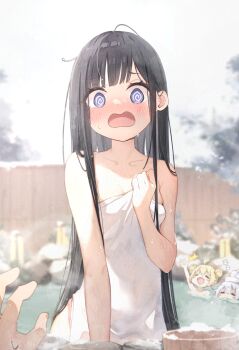 3girls @_@ adversarial_noise ahoge black_hair blonde_hair blue_eyes blurry blurry_background blush breasts bucket cleavage collarbone commentary_request covering_privates dripping highres multiple_girls naked_towel onsen open_mouth original outdoors partially_submerged pov purple_eyes seboneko sleeping small_breasts snow solo_focus steam straight_hair towel towel_pull water waving wavy_mouth wet white_hair wooden_bucket