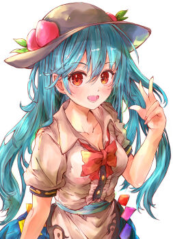 1girl absurdres black_hat blue_hair blue_skirt bow bowtie center_frills collared_shirt commentary frills hat hat_ornament highres hinanawi_tenshi ikazuchi_akira leaf_hat_ornament long_hair looking_at_viewer mixed-language_commentary open_mouth peach_hat_ornament puffy_short_sleeves puffy_sleeves red_bow red_bowtie red_eyes romaji_commentary shirt short_sleeves simple_background skirt smile solo touhou upper_body w white_background white_shirt wing_collar