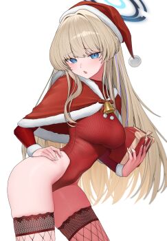 1girl alternate_costume bell blonde_hair blue_archive blue_eyes blue_halo blush box breasts capelet commentary cowbell english_commentary fishnet_thighhighs fishnets fur-trimmed_capelet fur_trim gift gift_box hair_intakes halo hat highleg highleg_leotard highres holding holding_gift large_breasts leotard long_hair looking_at_viewer lp_(lp0000_k) neck_bell open_mouth red_capelet red_leotard santa_hat simple_background skindentation solo thighhighs thighs toki_(blue_archive) white_background