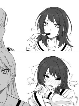 Rule 34 | 2girls, after kiss, bang dream!, bang dream! it's mygo!!!!!, blush, commentary, drooling, food, food in mouth, greyscale, hanasakigawa school uniform, highres, long hair, mole, mole under eye, monochrome, multiple girls, nagomu 7 56, pocky, pocky day, pocky in mouth, saliva, school uniform, shiina taki, yahata umiri, yuri