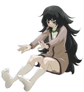 1girl blunt_bangs blush full_body green_eyes green_hair hiyajou_maho long_hair messy_hair open_mouth outstretched_arms panties panty_peek reaching sadarann science_adventure simple_background sitting socks solo steins;gate steins;gate_0 underwear white_background white_panties white_socks