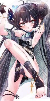 1girl a1u absurdres armpits arms_up black_coat black_dress black_gloves black_hair black_nails blue_archive braid breasts bun_with_braided_base butterfly_hair_ornament china_dress chinese_clothes coat commentary double_bun dragon_print dress earrings gloves grey_eyes grey_halo hair_bun hair_ornament half_gloves halo highres jewelry kisaki_(blue_archive) long_hair looking_at_viewer nail_polish open_mouth pelvic_curtain print_dress revision small_breasts solo striped_coat toenail_polish toenails toes twintails vertical-striped_coat